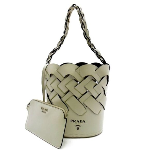 Prada All Leather Bucket Woven Braided Shoulder Tote with Pouch COA - Picture 2 of 13